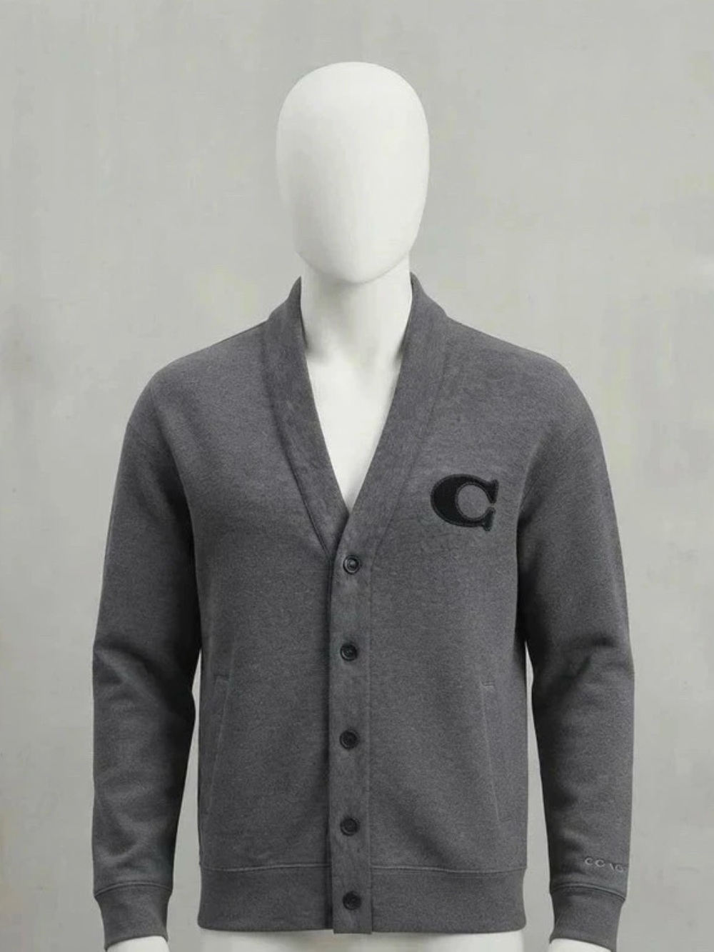 Coach Men's Dark Gray Shawl Collar Cardigan with Patch C